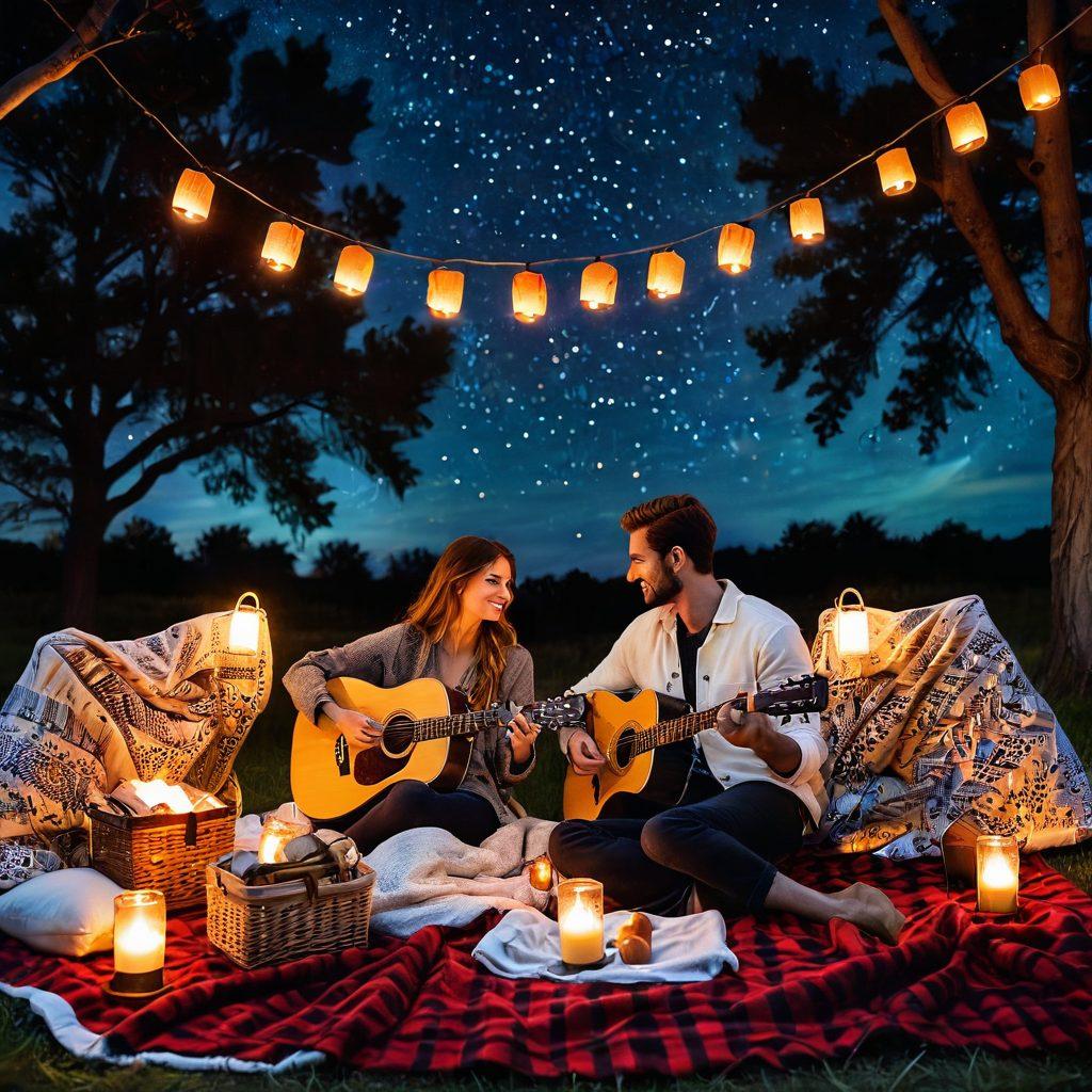 A romantic evening scene with a couple holding hands on a cozy blanket under a starry sky, surrounded by glowing lanterns, with a picnic basket, wine glasses, and a guitar nearby. Light and shadows create a warm, intimate atmosphere. painting. vibrant colors.