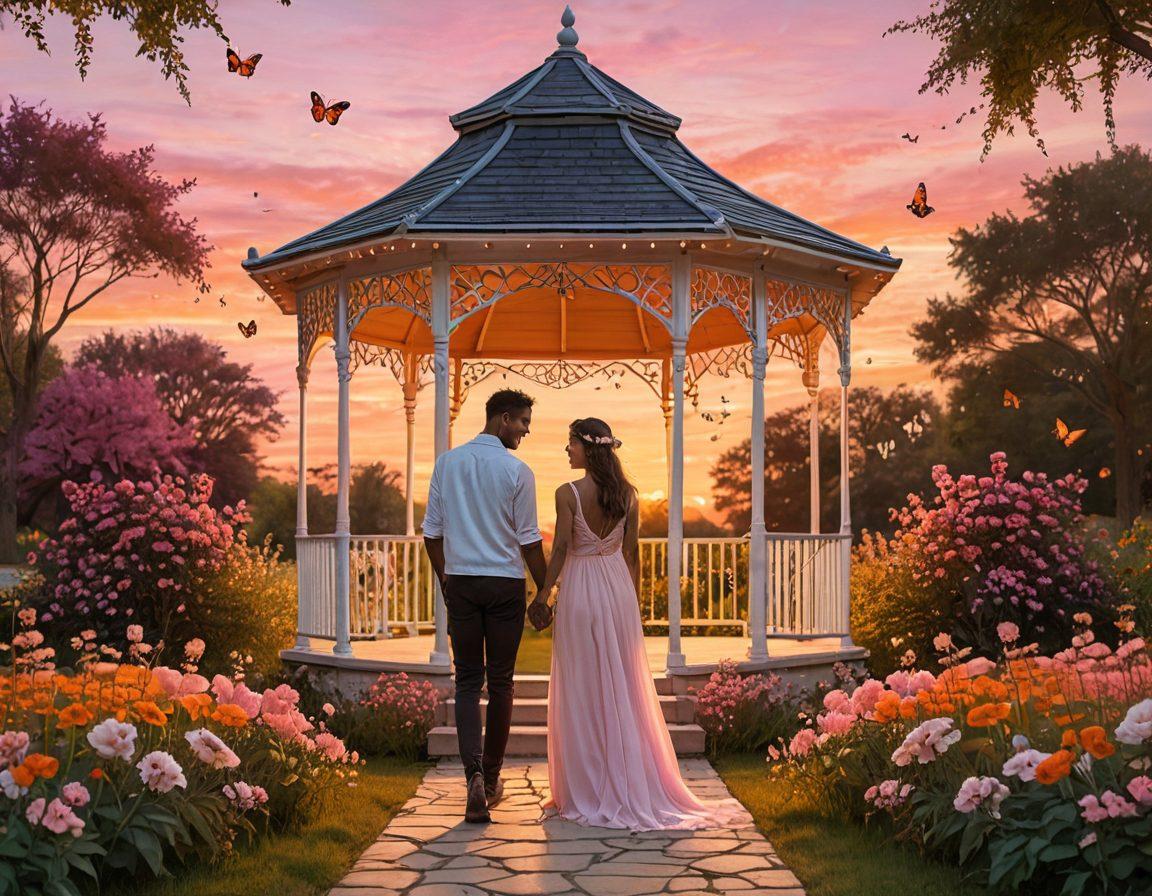 A couple walking hand-in-hand through a serene, lush park at sunset, with soft pink and orange hues filling the sky. The couple is smiling, looking at each other with pure affection, surrounded by blooming flowers and gently fluttering butterflies. In the background, a beautiful vintage gazebo adorned with delicate fairy lights adds a romantic touch. super-realistic. vibrant colors. warm tones.