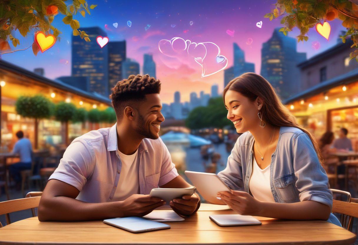 A vibrant, happy couple sitting at a cafe, each holding a tablet showing dating profiles. Around them are digital icons of hearts, chat bubbles, and connection lines. The background features a blend of cityscape and nature, symbolizing diverse dating experiences. super-realistic. vibrant colors.